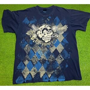 Y2K Grunge Skull Shirt XL Crewneck Angel Wing Graphic Tee Diamond Vintage Skater